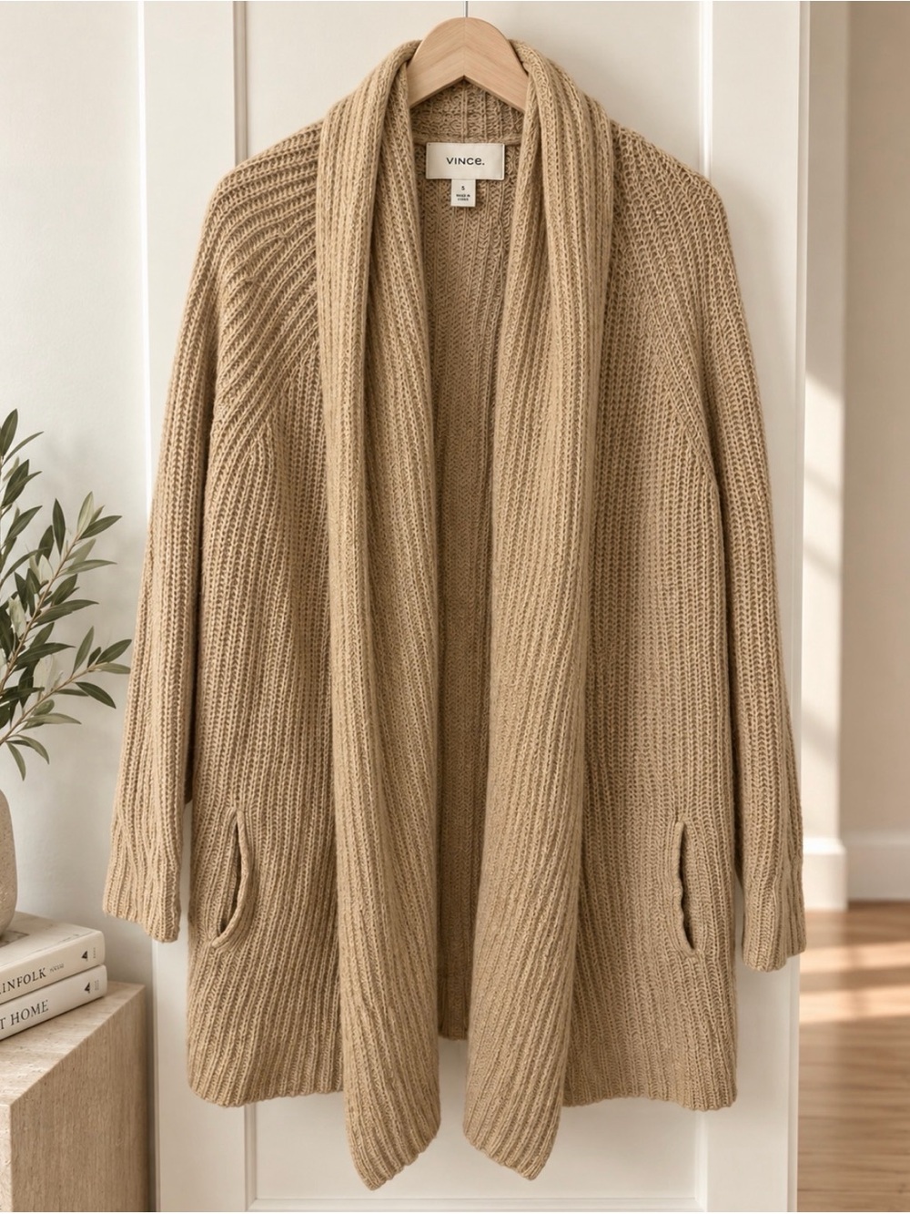 Vince Chunky Knit Open Front Cardigan S/P Beige Longline Sweater